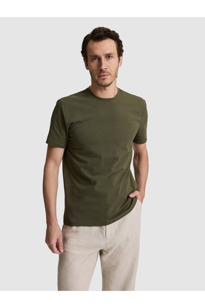 Cacharel Khaki Slim Fit Cotton Blend Crew Neck Basic T-Shirt 50324355-Vr027