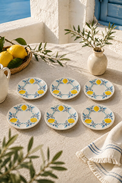 Papart Home Set of 6 Handmade Lemon Patterned Ceramic Dessert Plates 16 cm Me...
