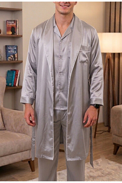 Saten pijama takımı ve sabahlık GRİ