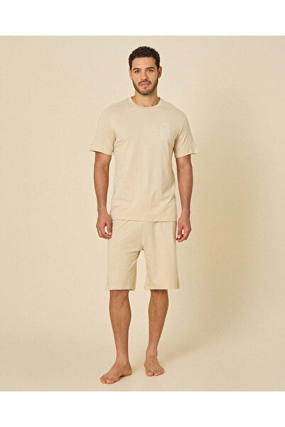 REDTAG Men Beige T-Shirt and Shorts Pyjama Set