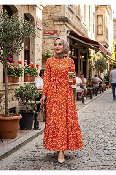 MaşuKa Turuncu Çıtır Çiçek Desenli Dokuma Viskon Kumaş Şık ve Rahat Kadın Elbise