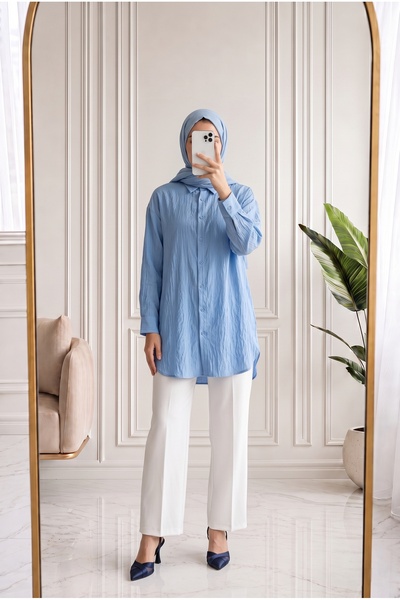 MİHRA STORE Dilbeste Self-Striped Plain Shirt-Zi̇4065 Blue