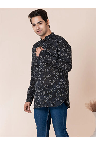 Devoiler Mens Floral Printed Cotton Short Kurta Set