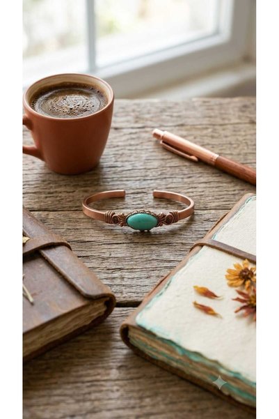DOĞA KUTUSU Natural Aventurine Stone, Compatible with Signs of Taurus and Virgo, Vintage, Casual, Copper Women's Bracelet