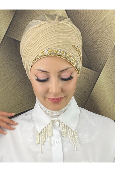 BUTİKAMBAR Gold Taşlı Abiye Şal Bone