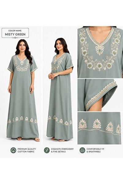 AYOUSH Women's Long Cotton Embroidered Gown - Short Sleeves - Comfortable Ori...