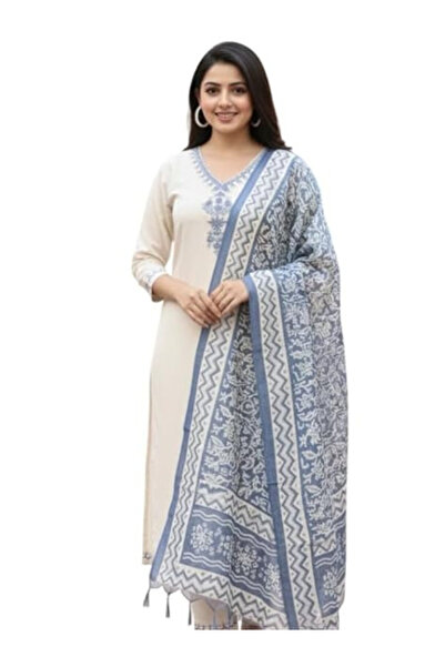 MYSMAR Cream Cotton Embroidered Kurta Set with Printed Dupatta - NJF | Cream