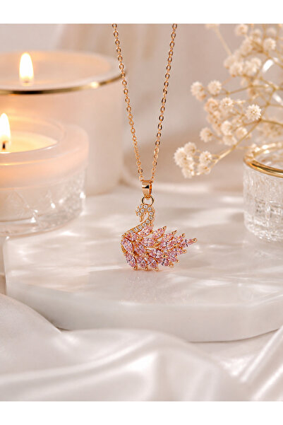 shop TOZ PEMBE TAŞLI GOLD RENK KUĞU KOLYESİ ÇELİK