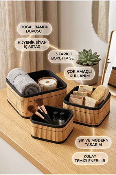 Homerest Set of 3 Natural Bamboo Multi-Purpose Organizer Baskets with Black L...