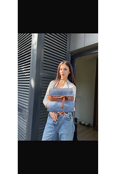 Angel Polo Kadın Kot Görünümlü Denim El ve Omuz Çantası Taba Detaylı