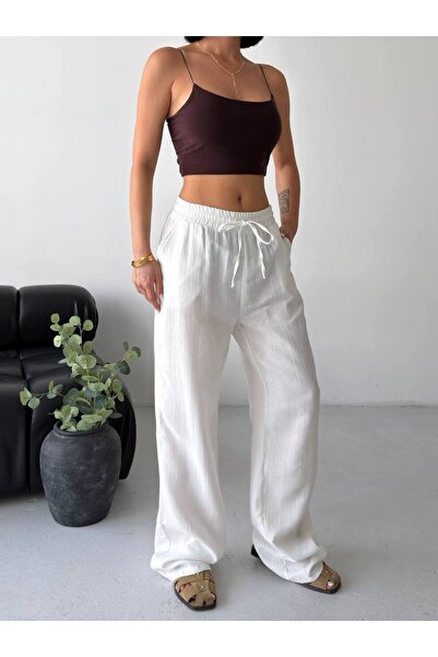 BE CHİC Women's White High Waist Pocketed Muslin Fabric Comfortable Fit Loose...
