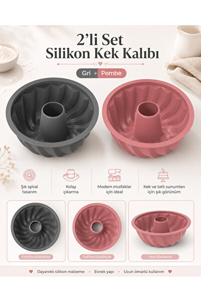 ZİVORA Set of 2 Silicone Cake Molds Gray Pink Spiral Bundt Cake Mold Flexible...