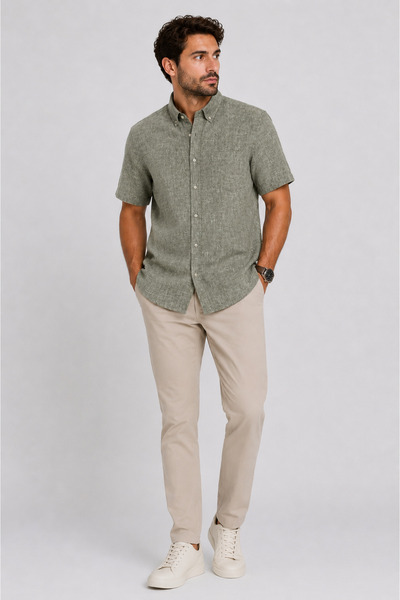 bihan store Men's Short Sleeve Buttoned Linen Shirt - 2927.04.1.1 - Khaki