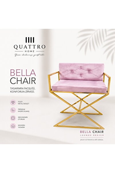 QUATTRO HOME Bella Chair Pembe Kadife Lounge Berjer - Gold Metal İskeletli Mo...