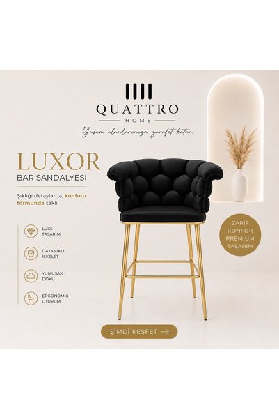 QUATTRO HOME Luxor Bar Sandalyesi Siyah Gold Ayaklı Lüks Tasarım