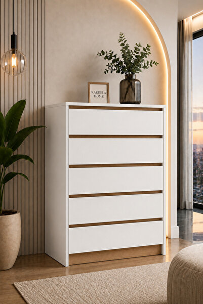 Kardelahome Kardela %100 MDF Premium 5 Çekmeceli Şifonyer Beyaz