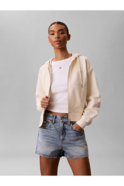 Calvin Klein LS MONOGRAM TERRY CR Krem Kadın Fermuarlı Kapüşonlu Sweatshirt