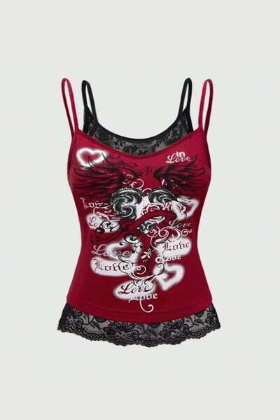 Yukatay Bordo Gotik Coquette Love Dantel Detaylı Y2K Askılı Crop