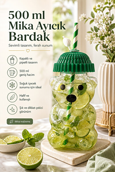 DİVAYS 500 ml Mika Ayıcık Pipetli Bardak Kapaklı Soğuk İçecek Kupası (Cam Değ...