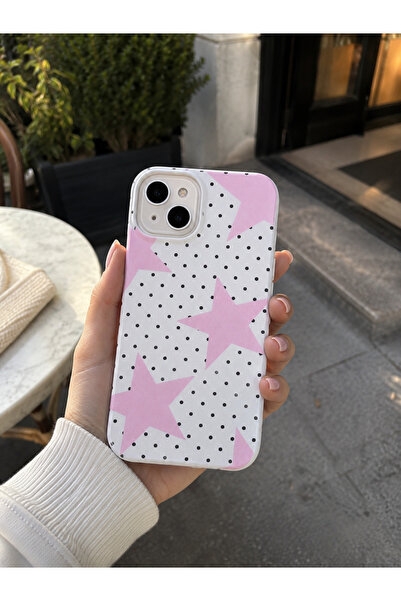 OVADA İPhone 13/14/15 Uyumlu Puantiye Yıldız Desenli Soft Kadife Telefon Kılıfı