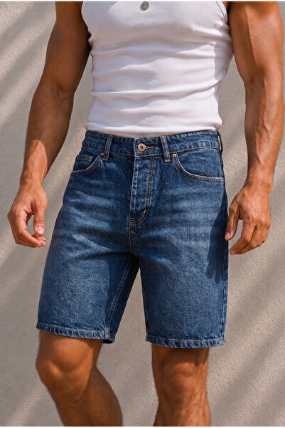 MADZEYMODA Men's Dark Blue Denim Jean Shorts Ke-1192