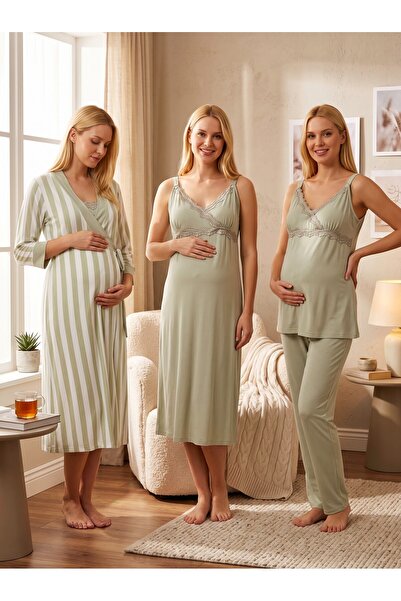 Lohusa Homewear New Season Green Summer Striped Long Dressing Gown Design wit...