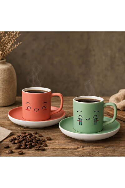 Bk Gift Set of 2 Ceramic Turkish Coffee Cups with Salmon and Green Colored Em...