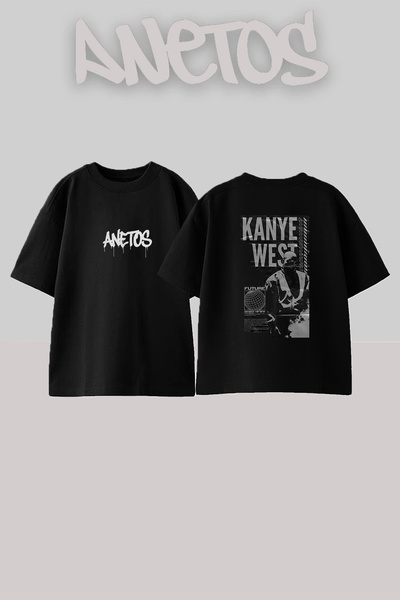 Anetos تي شيرت أسود كبير الحجم مطبوع بتصميم Kanye West_99