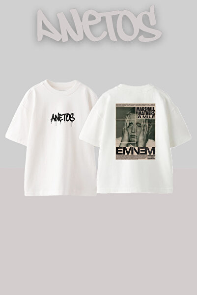 Anetos تي شيرت أبيض كبير الحجم مطبوع بتصميم Eminem 8 Mile_1