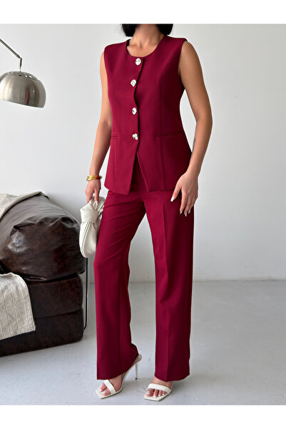 Bukamiss Vestă și pantaloni cu nasturi aurii pentru femei, set din două piese - Roșu Claret