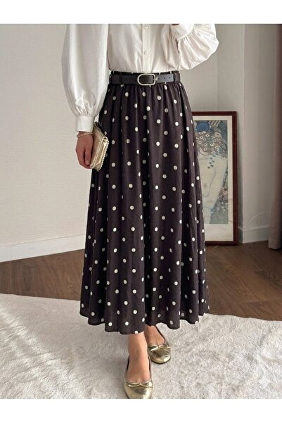 RFK Butik Women's Polka Dot Belt Detailed Lined Hijab Skirt - Brown