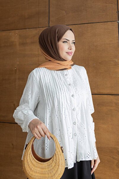 Nes Moda Kadın Önü Düğme Detaylı Fisto Brode Tesettür Gömlek