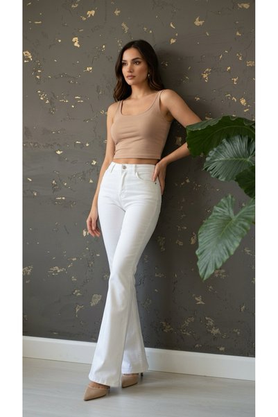 geenz manifacture Comfort Jeans Women's White Lycra Stretchy High Waist Spanish Leg Jeans Trousers