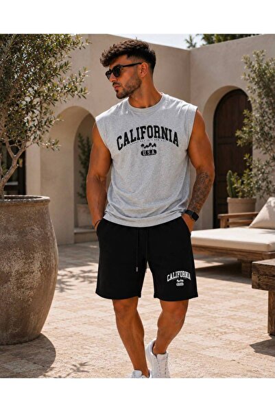 TREND EMMODA Men's California Printed Zero Sleeve Basic Shorts Set