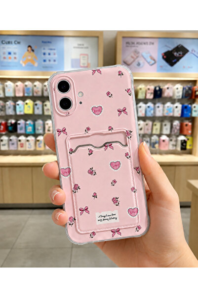 OVADA İphone 16 Uyumlu Kamera Korumalı Kartlıklı Kalp Çiçek Desenli Telefon K...