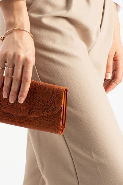 MAT Deri Orange Women's Wallet Genuine Leather Shawl Pattern Embossed Long Portfolio |   Verne