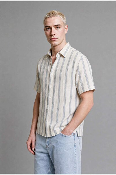 DeFacto Boxy Fit Woven Striped Short Sleeve Ecru Shirt G4156Ax26Sm
