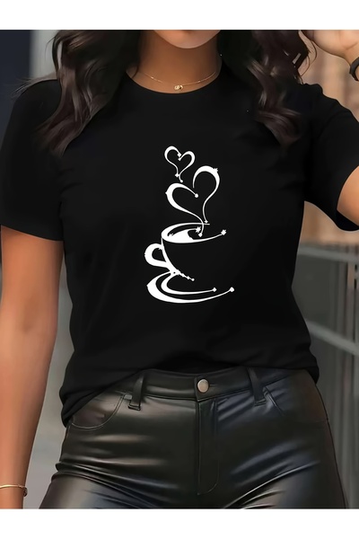 23 nisan تي شيرت نسائي قطني بأكمام قصيرة بتصميم قلب وفنجان قهوة، ملابس كاجوال...