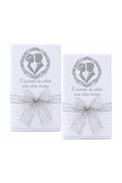 Ingift Set 2 Prosoape Brodate fir argintiu, pentru Nunta, 100% Bumbac, 70 x 1...