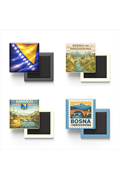 iBerk Buzdolap Magnetleri Bayraklı Bosna-Hersek - Saraybosna 4'lü Set Magneti