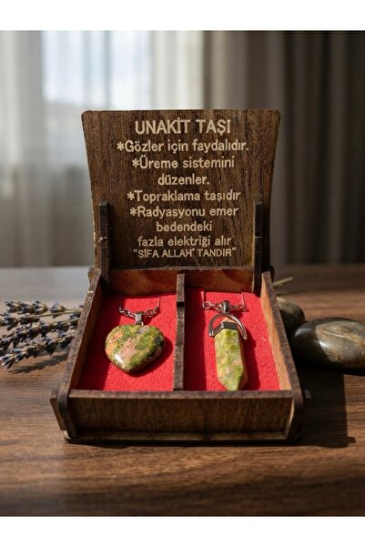 Meneva Aksesuar Unakite Stone Natural Stone Double Necklace Set with Wooden Box