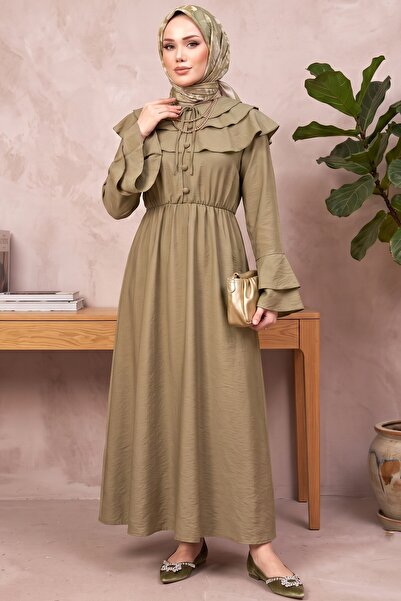 hadiora Button-Front Flounce Hijab Dress - Long Casual Dress with Ruffle Detail