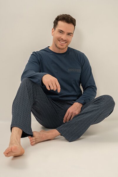 Arnetta Men's Pocket Detailed Navy Blue Long Sleeve Pajama Set Ar3840-S-V1