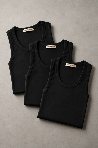 COMBİNE MİCHAİL Men's Flexible 3-Piece Black Ribbed Undershirt