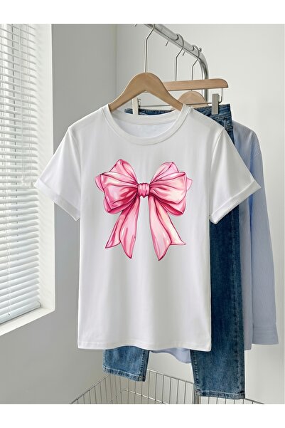 STITCHLY تي شيرت نسائي قصير الأكمام بقطعة واحدة مع طباعة فيونكة على الرقبة، م...