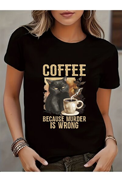 LİNA06 Coffee Lover Print Round Neck T-Shirt Regular Fit Short Sleeve Top Fou...