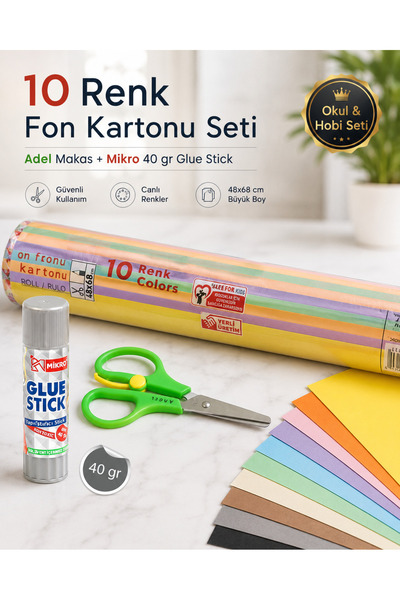 Mikro 10 Renk Fon Kartonu Seti 48x68 cm | Adel Makas Cetveli + 40 gr Glue Sti...