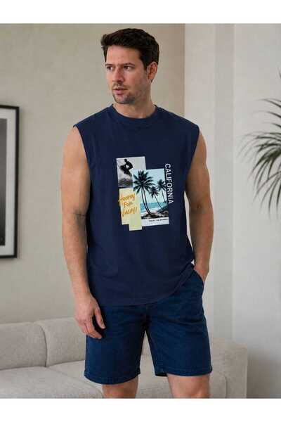 caddekombin Zero Sleeve Men's Surf and Palm Tree Printed California Themed Ro...