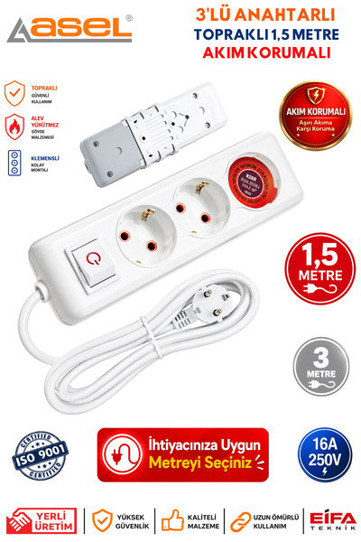 Asel 3'lü 1,5 Metre Anahtarlı Topraklı Grup Priz (Çoklu Priz) Uzatma Kablosu ...
