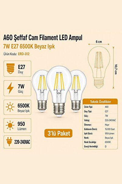 Heka A60 Şeffaf Cam Filament LED Ampul 7W E27 6500K Beyaz Işık ERD-312 3'lü